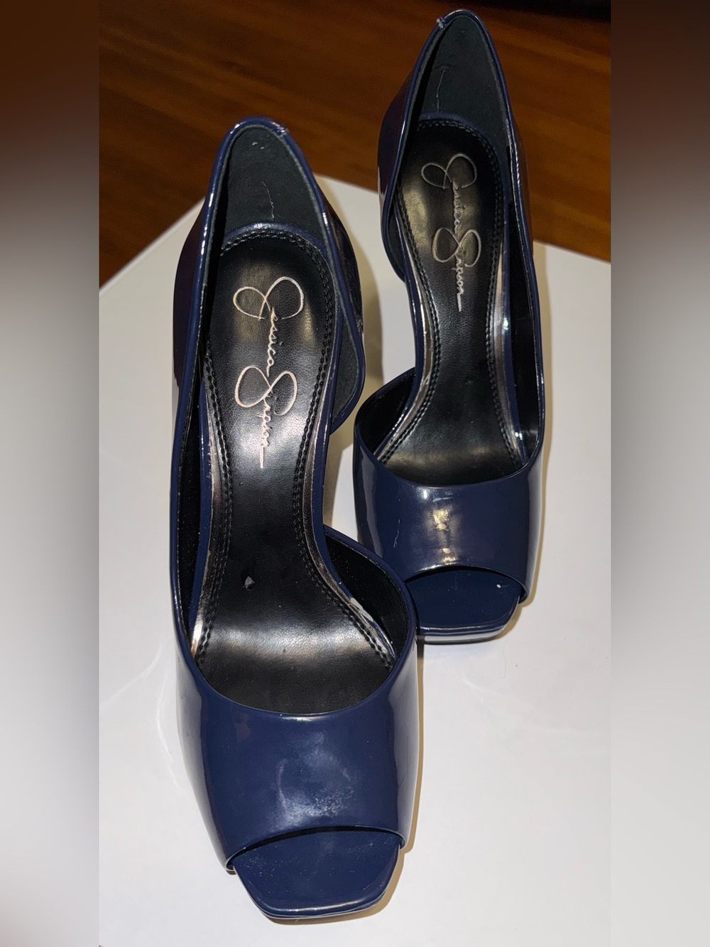 Jessica Simpson Navy Patent Open-Toe Pumps - Picture 12 of 12